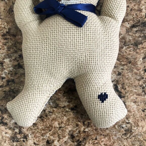 Handmade Cross Stitch Teddy Bear Stuffed Animal Blue Bow Heart Accent Decor - Picture 7 of 8